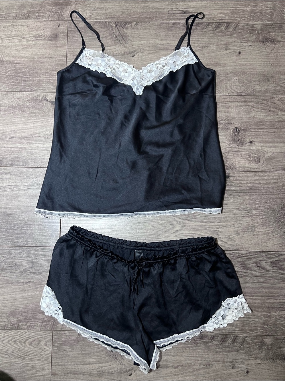 Black & White Lace Trim Satin Cami and Shorts Sleep Set